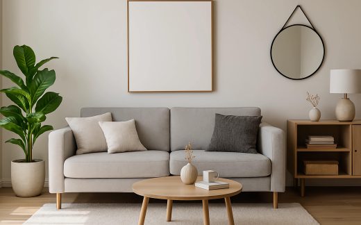 Modern living room interior with elegant minimalist design. Suitable for interior design themes, home decoration, modern lifestyle, and Scandinavian style living room inspiration.